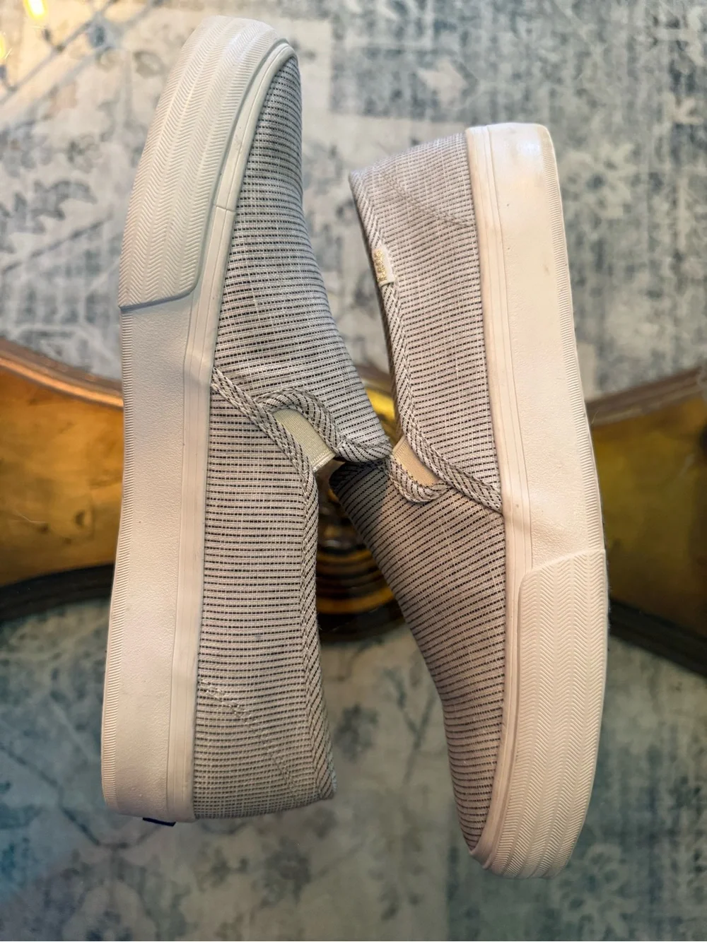 Keds Women's Double Decker Beige & White Striped Canvas Slip-On Sneakers 10